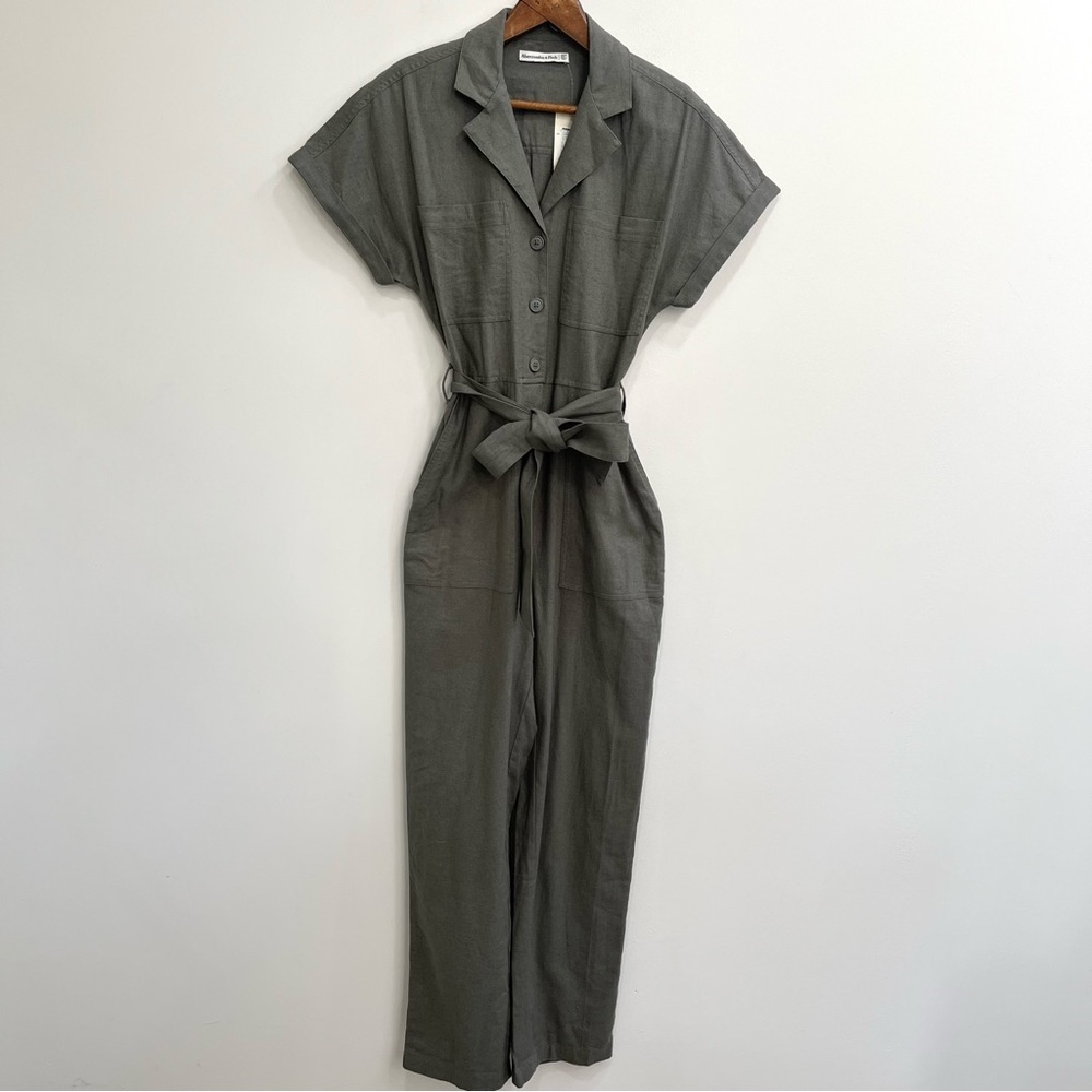 Abercrombie & Fitch Linen-Blend Utility Boiler Suit Jumpsuit Olive Green XS Tall - Picture 3 of 15
